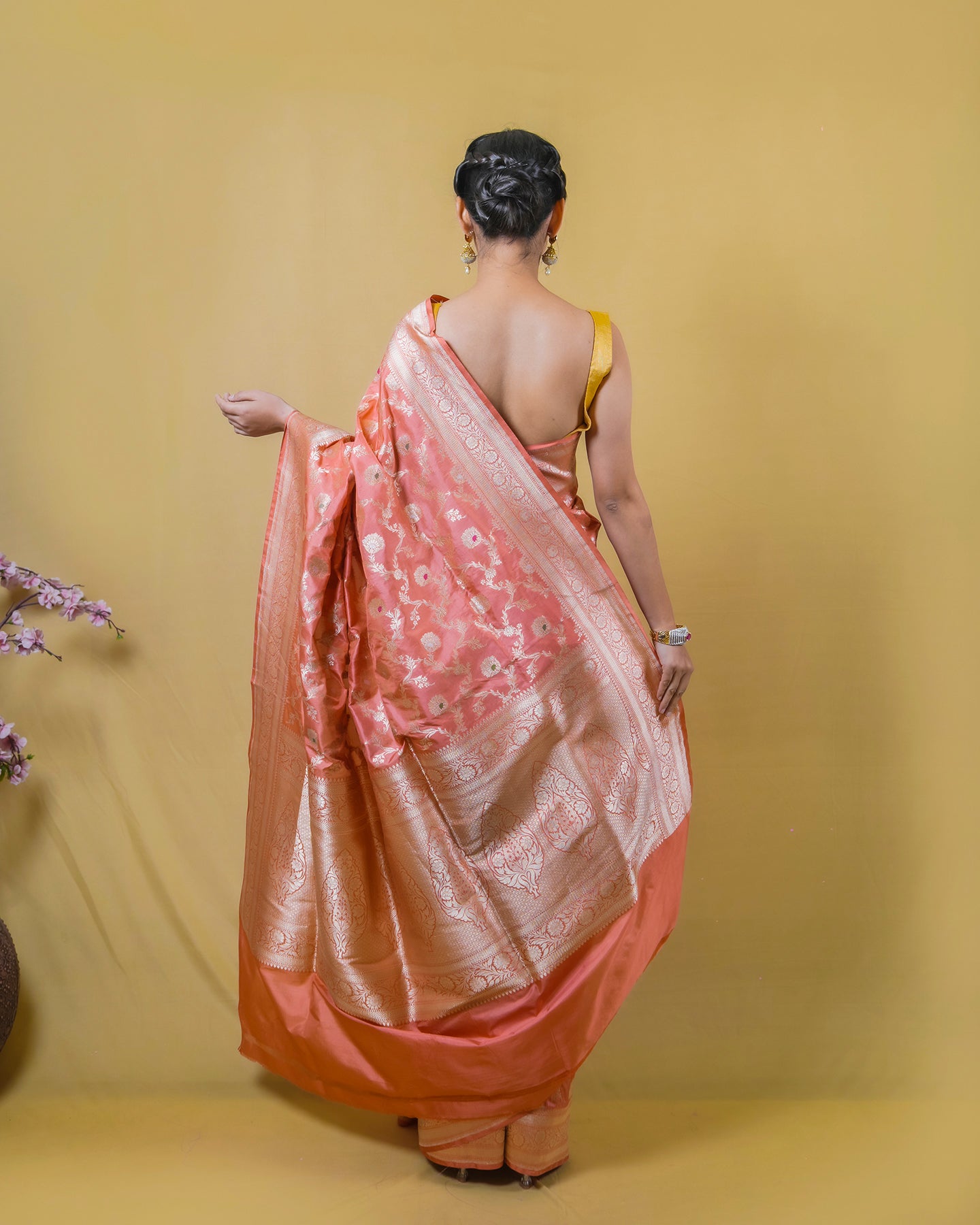 Peach Floral Meena Woven Katan Banarasi Silk Saree