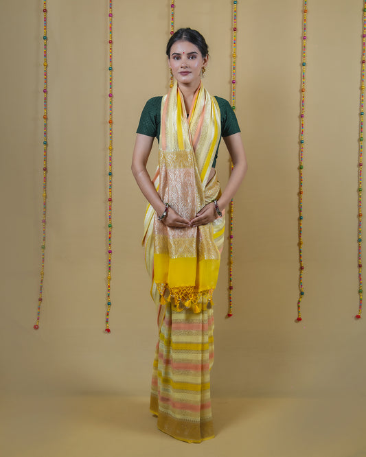 Lemon Gold Rangkat Handwoven Khaddi Banarasi Georgette Silk Saree