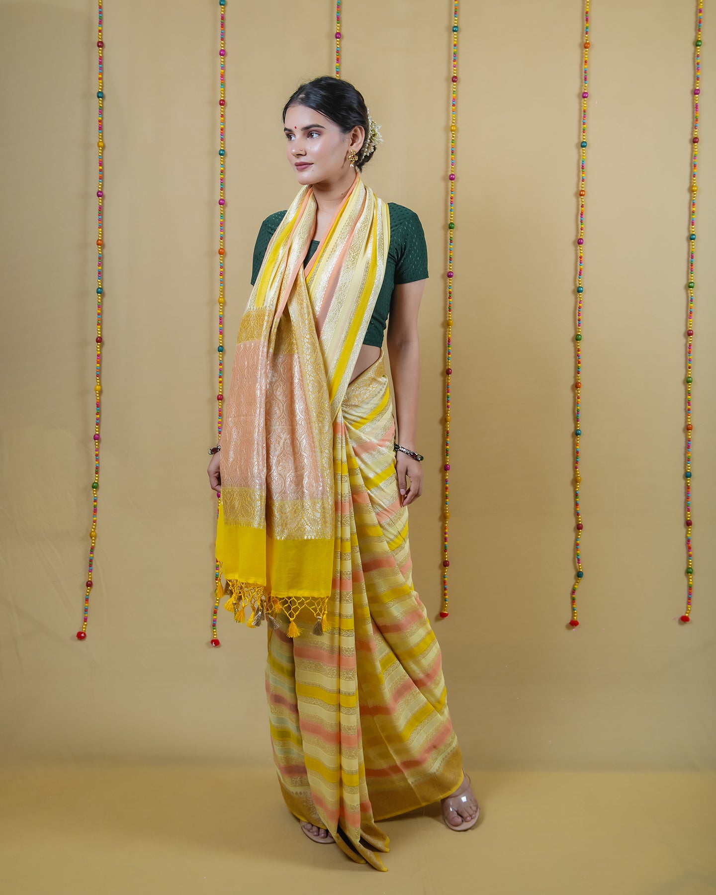 Lemon Gold Rangkat Handwoven Khaddi Banarasi Georgette Silk Saree