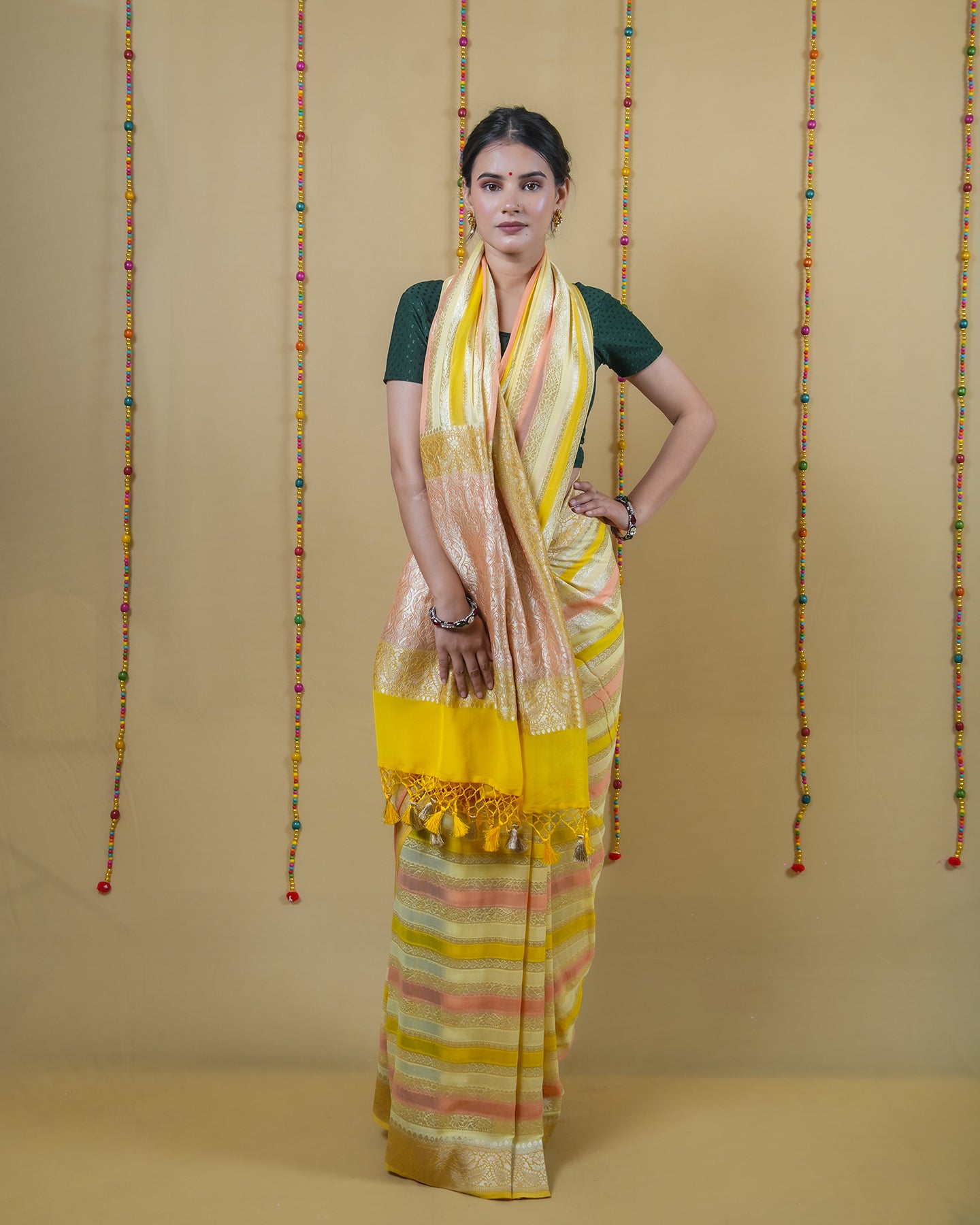 Lemon Gold Rangkat Handwoven Khaddi Banarasi Georgette Silk Saree