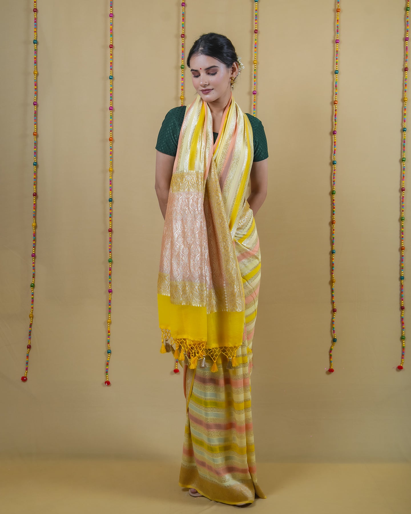 Lemon Gold Rangkat Handwoven Khaddi Banarasi Georgette Silk Saree