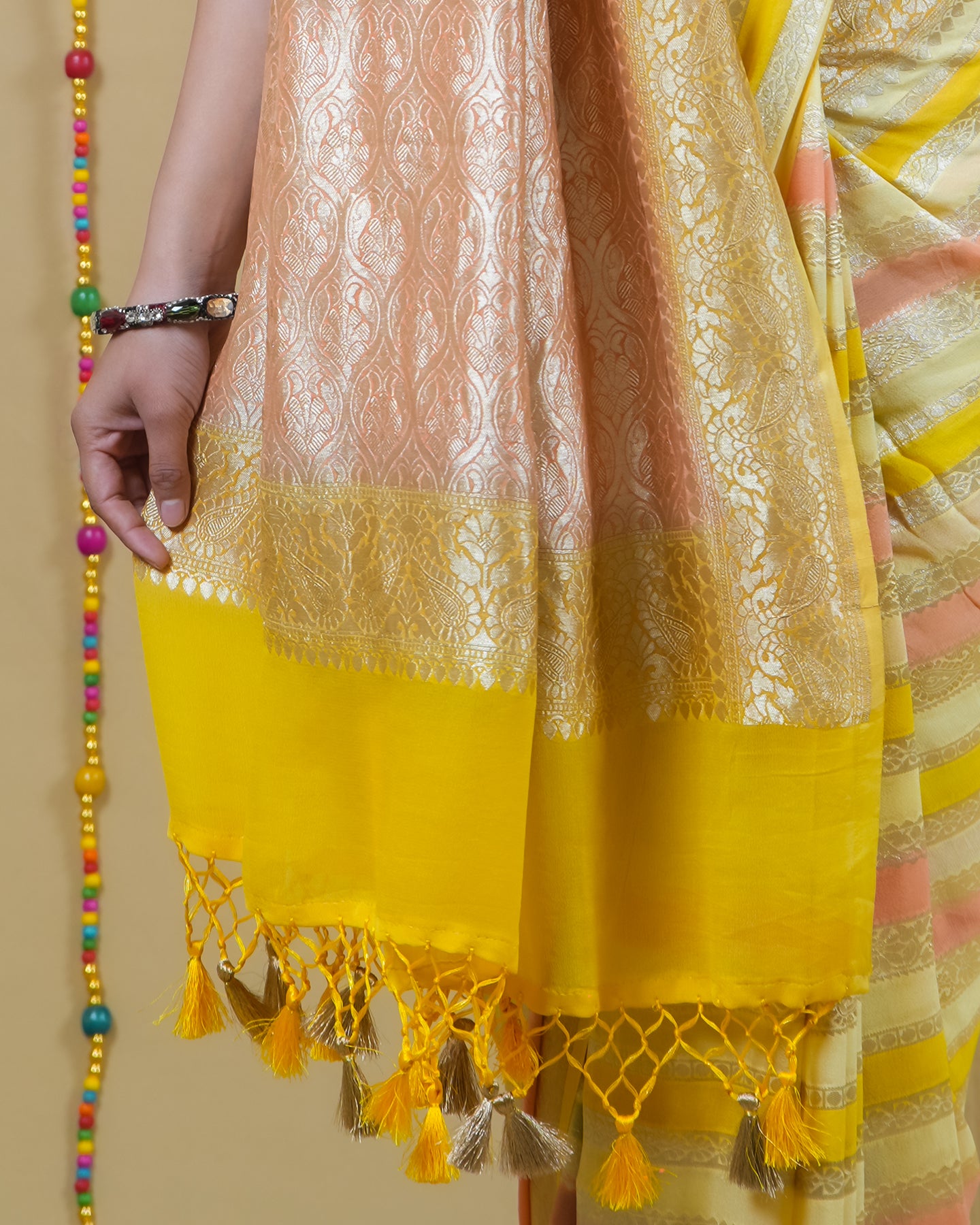 Lemon Gold Rangkat Handwoven Khaddi Banarasi Georgette Silk Saree
