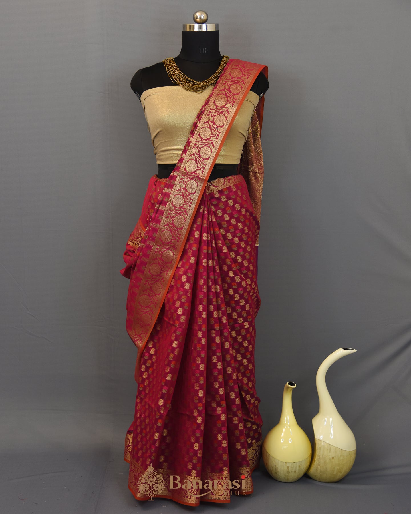 Dark Magenta Floral Buti Cotton Banarasi Saree