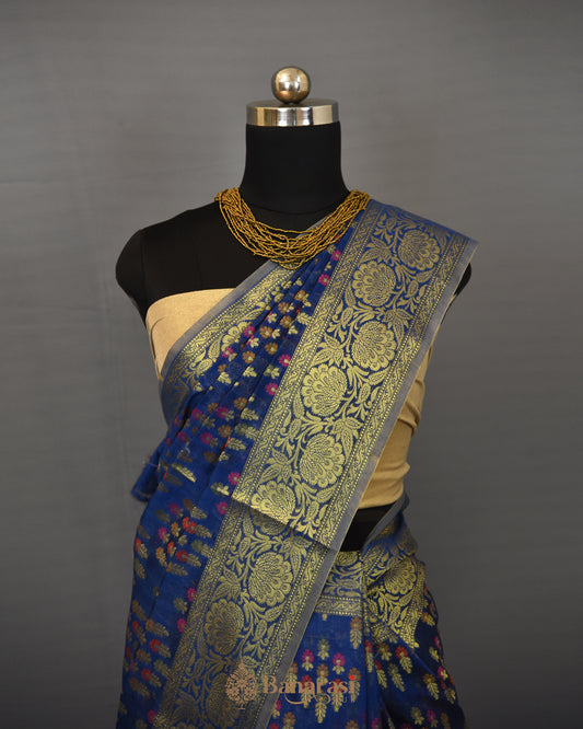 Royal Blue Woven Cotton Banarasi Saree
