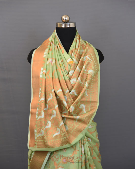 Pista Green Figure Weaving Cotton Banarasi Saree