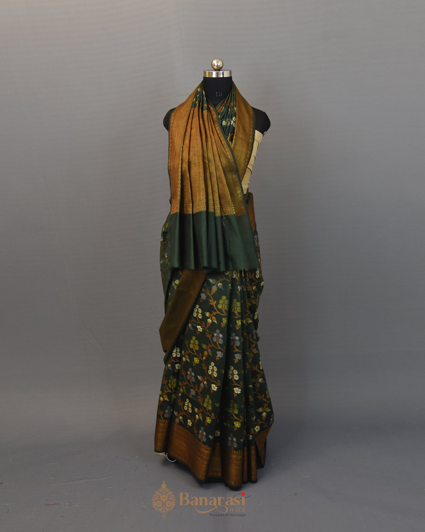 Deep Green Floral Cotton Banarasi Saree