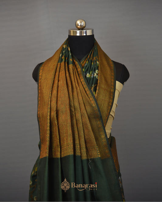 Deep Green Floral Cotton Banarasi Saree