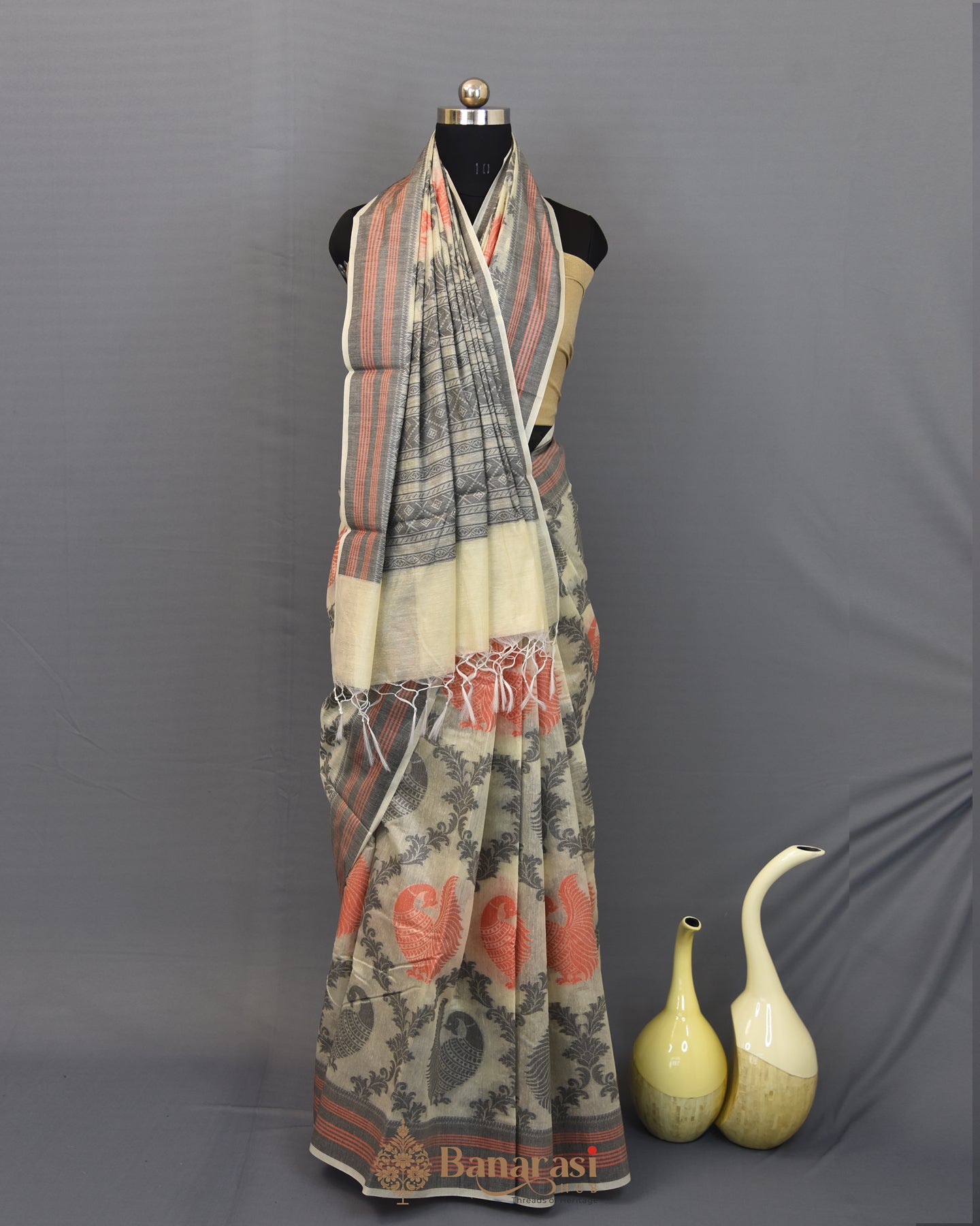 Beige Peacock Woven Cotton Banarasi Saree