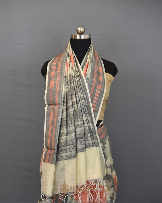 Beige Peacock Woven Cotton Banarasi Saree