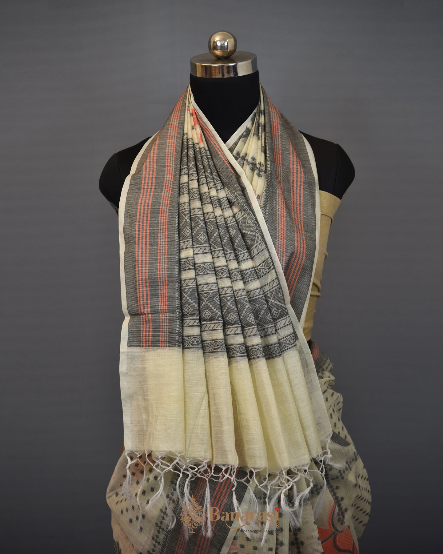 Beige Elephant Weaving Cotton Banarasi Saree