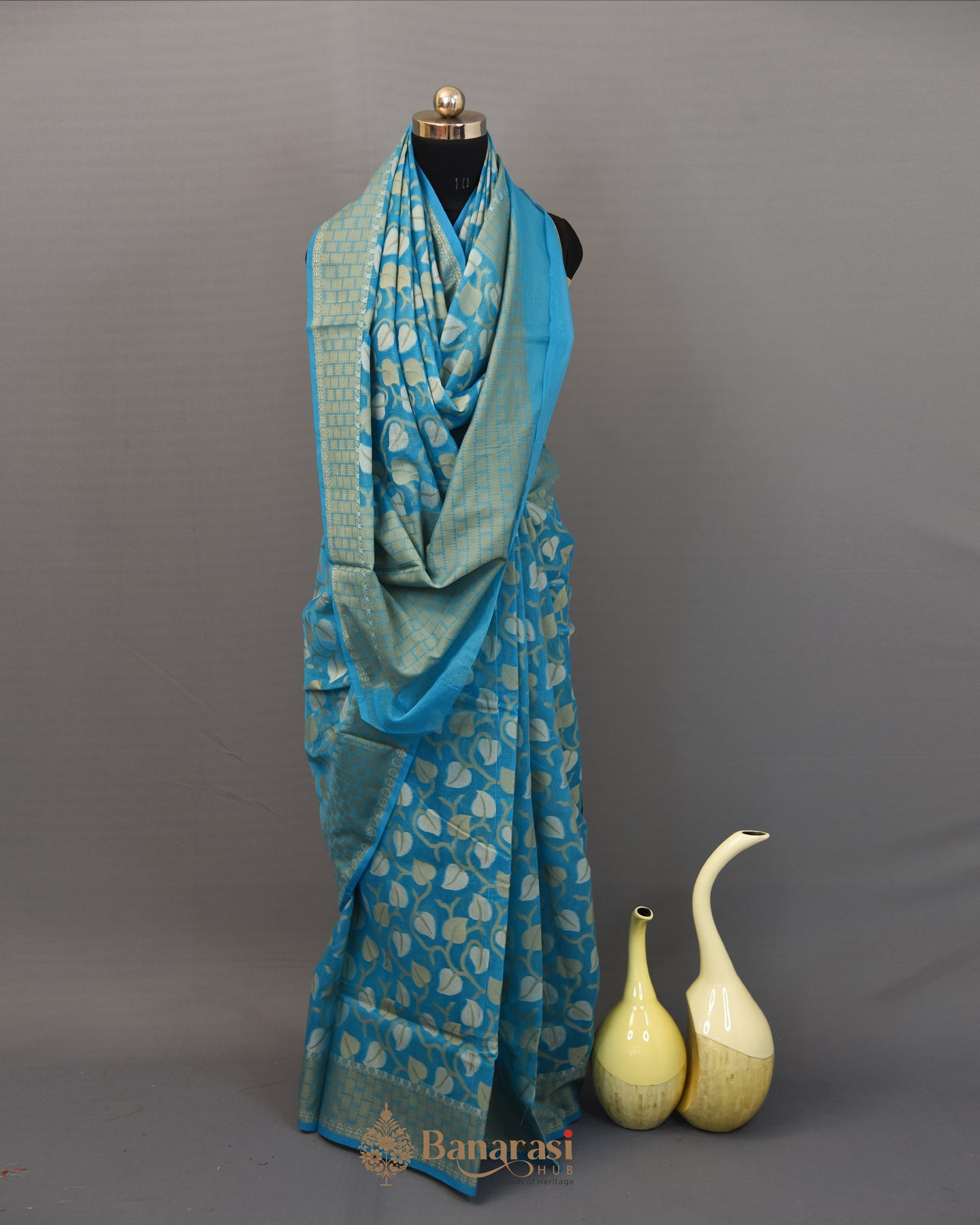 Firozi Blue Striped Woven Cotton Banarasi Saree