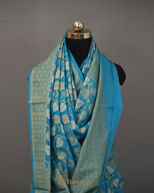 Firozi Blue Striped Woven Cotton Banarasi Saree