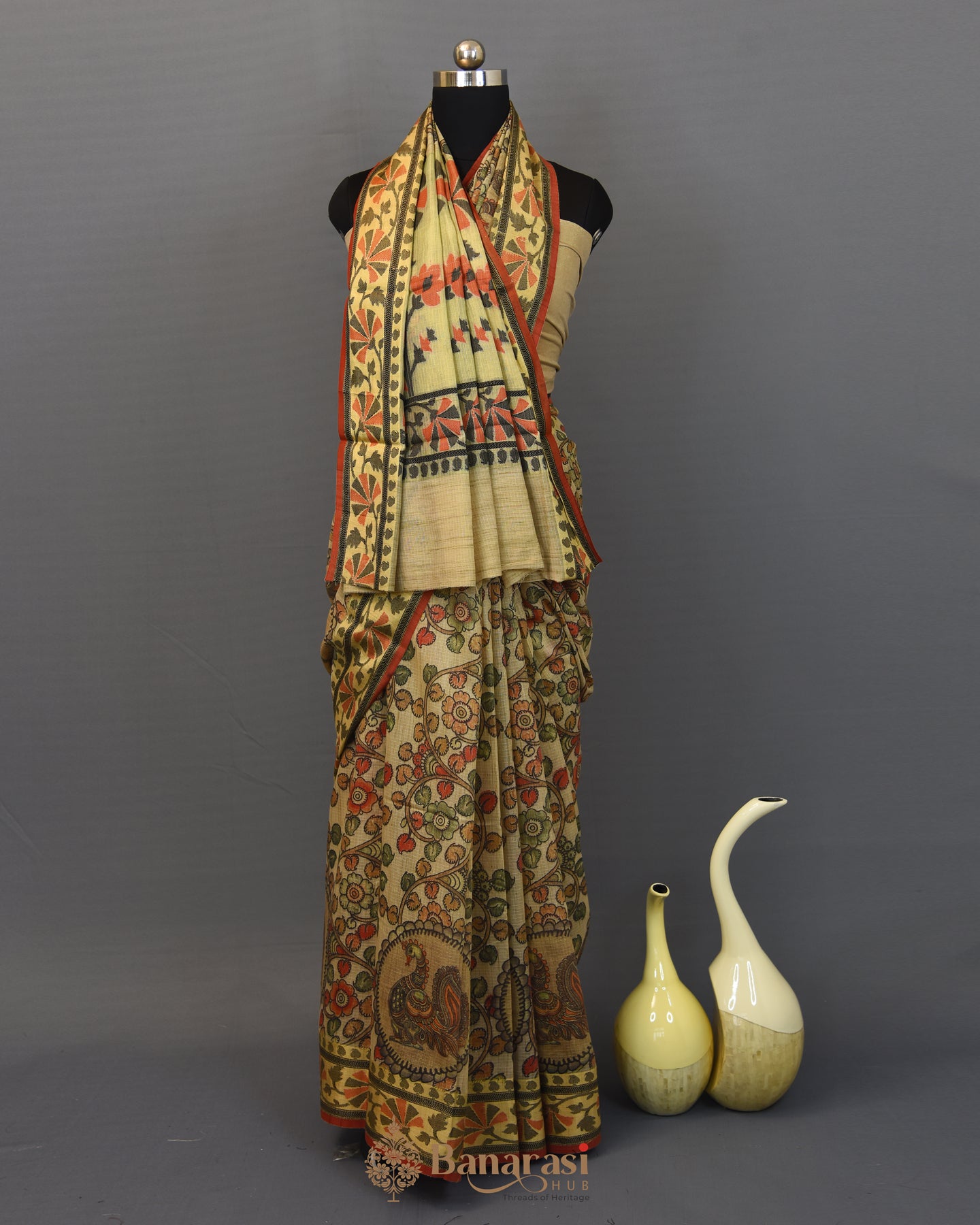 Khicha Tussar Kalamkari Fancy Banarasi Saree