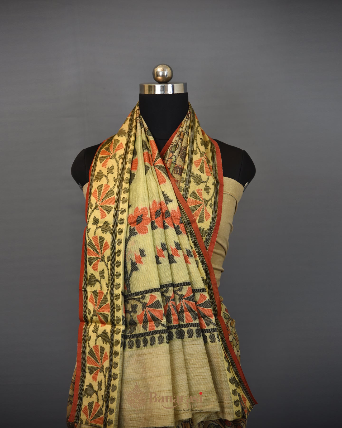 Khicha Tussar Kalamkari Fancy Banarasi Saree