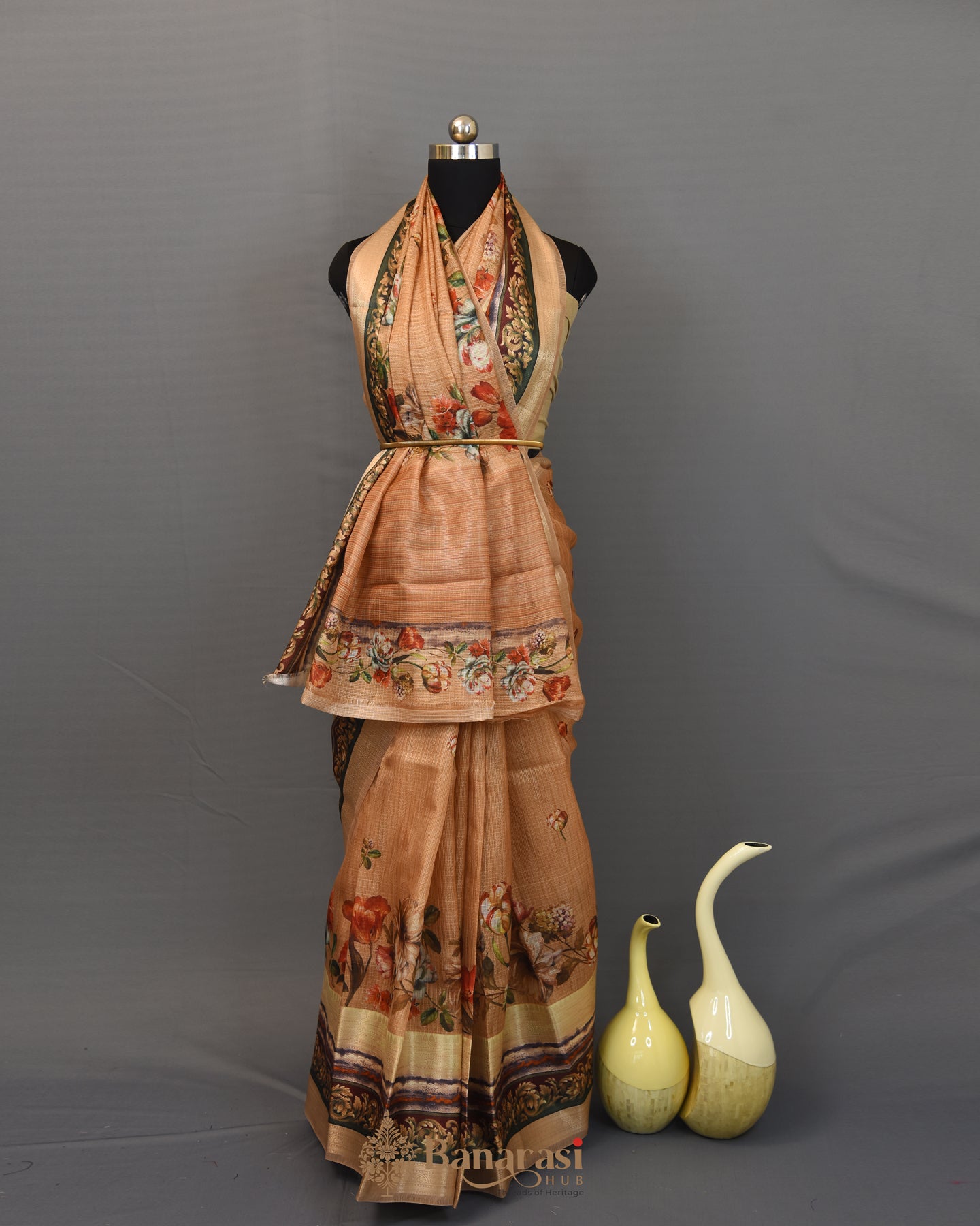Beige Floral Manipuri Fancy Banarasi Saree