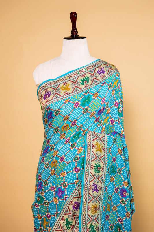 Sky Blue Ghatchola Bandhani Georgette Silk Saree