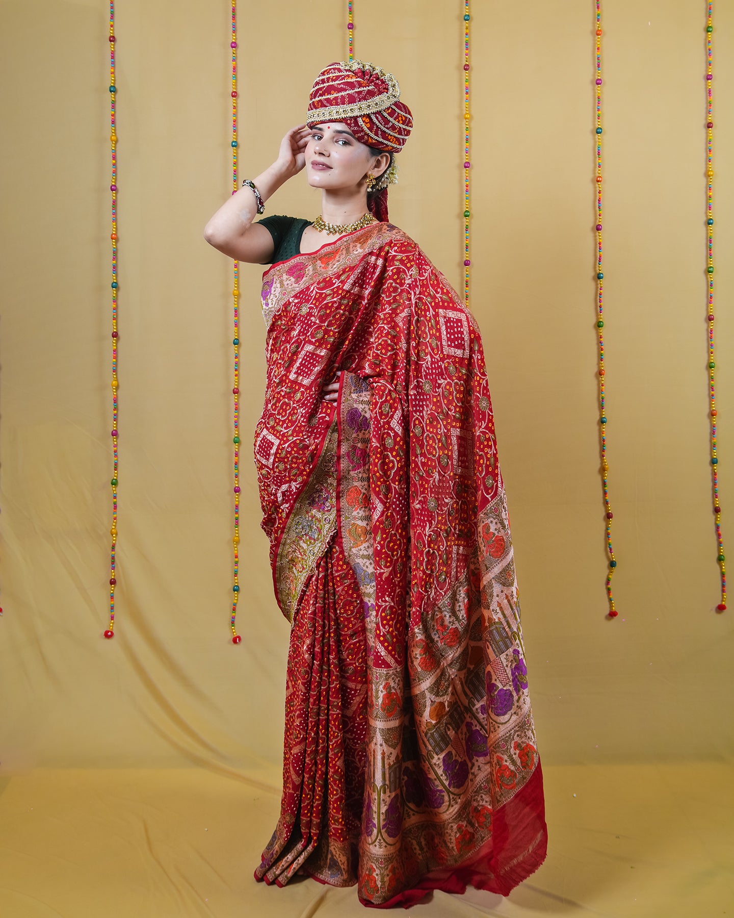 Maroon Zari Woven Georgette Bandhani Silk Saree
