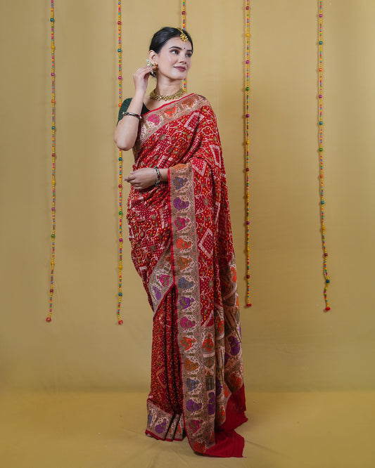 Maroon Zari Woven Georgette Bandhani Silk Saree