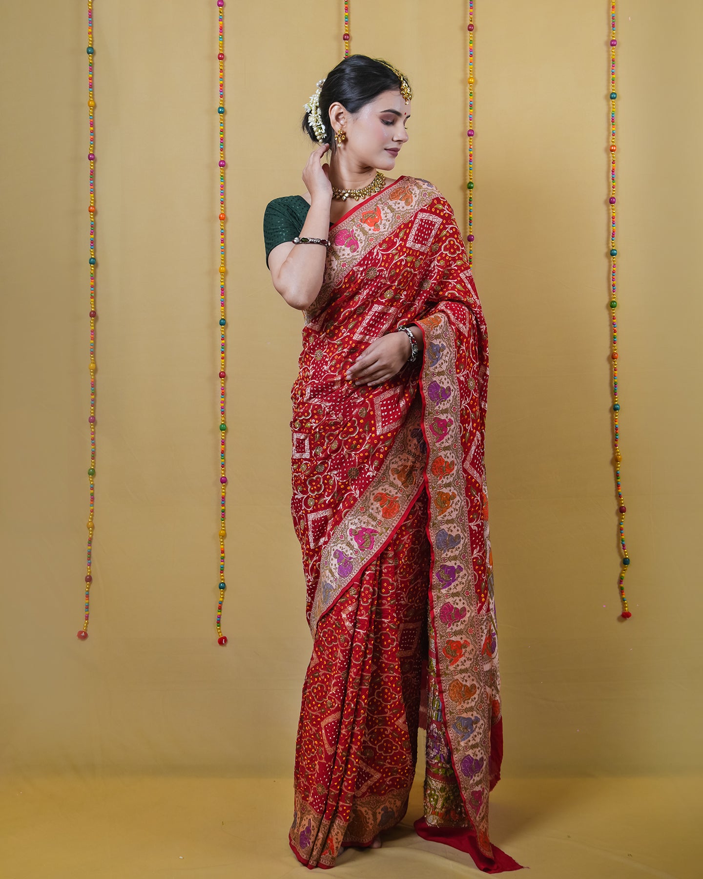 Maroon Zari Woven Georgette Bandhani Silk Saree
