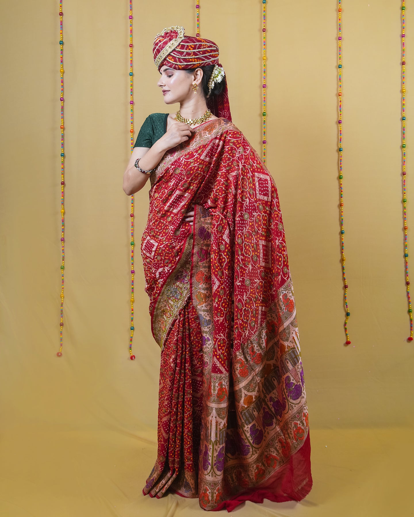 Maroon Zari Woven Georgette Bandhani Silk Saree