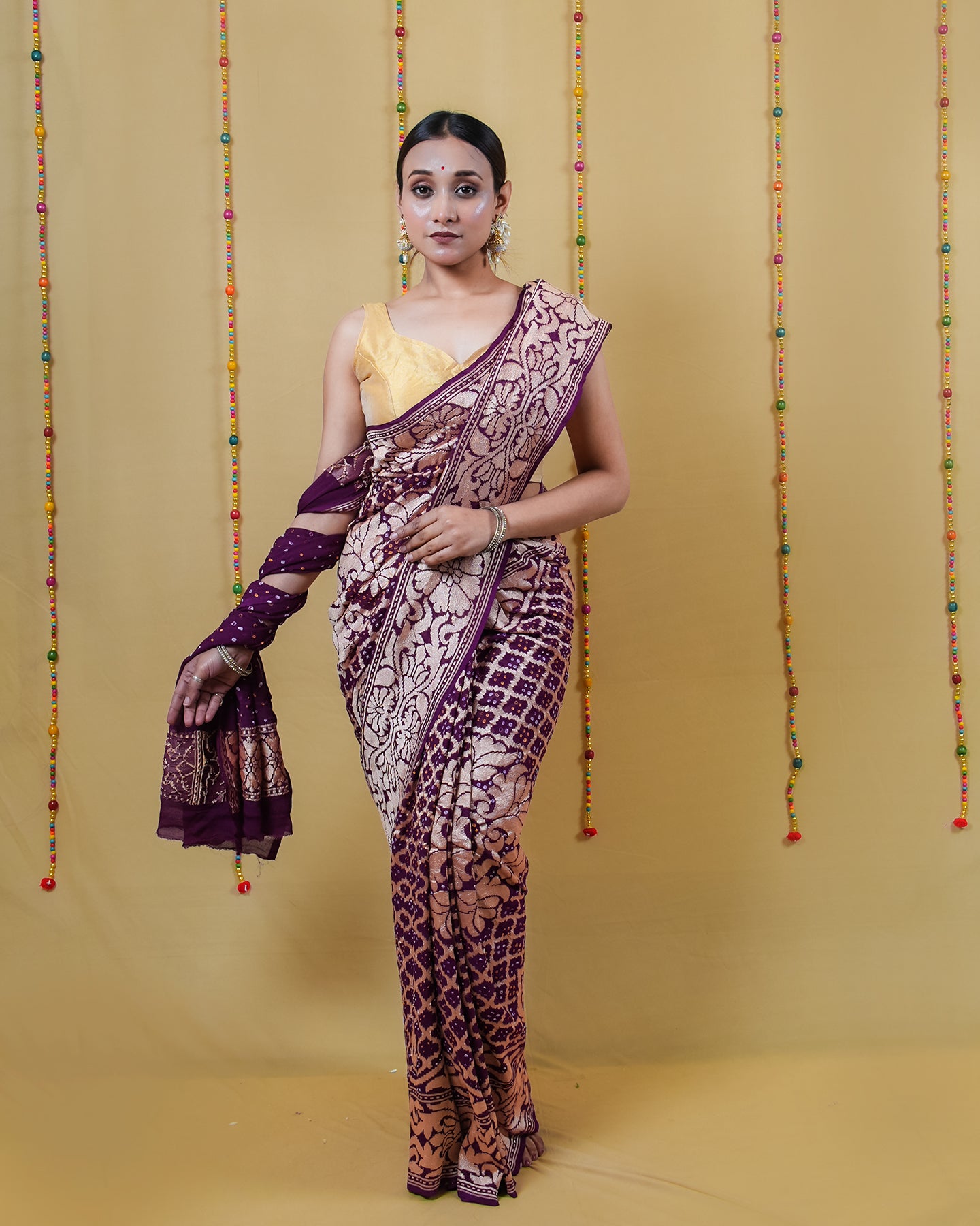Magenta Zari Woven Georgette Bandhani Silk Saree
