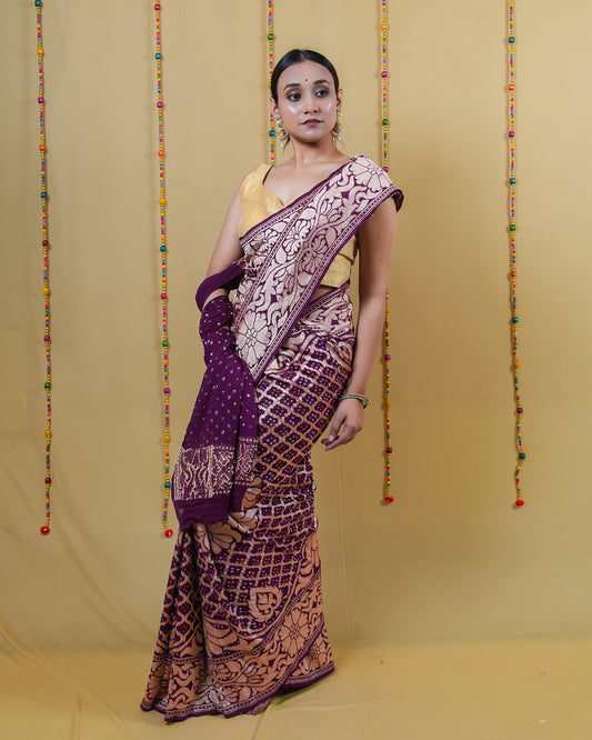Magenta Zari Woven Georgette Bandhani Silk Saree