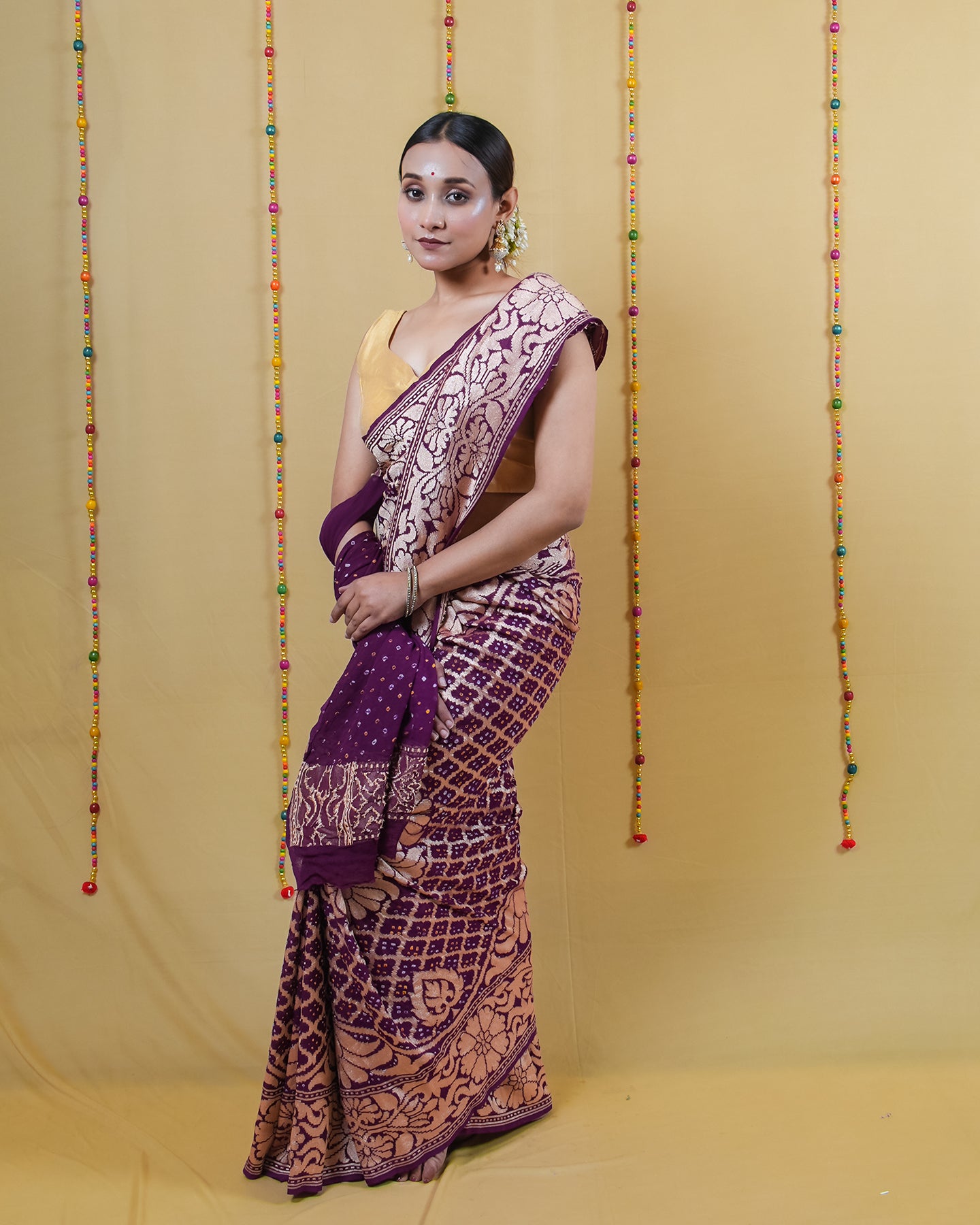 Magenta Zari Woven Georgette Bandhani Silk Saree