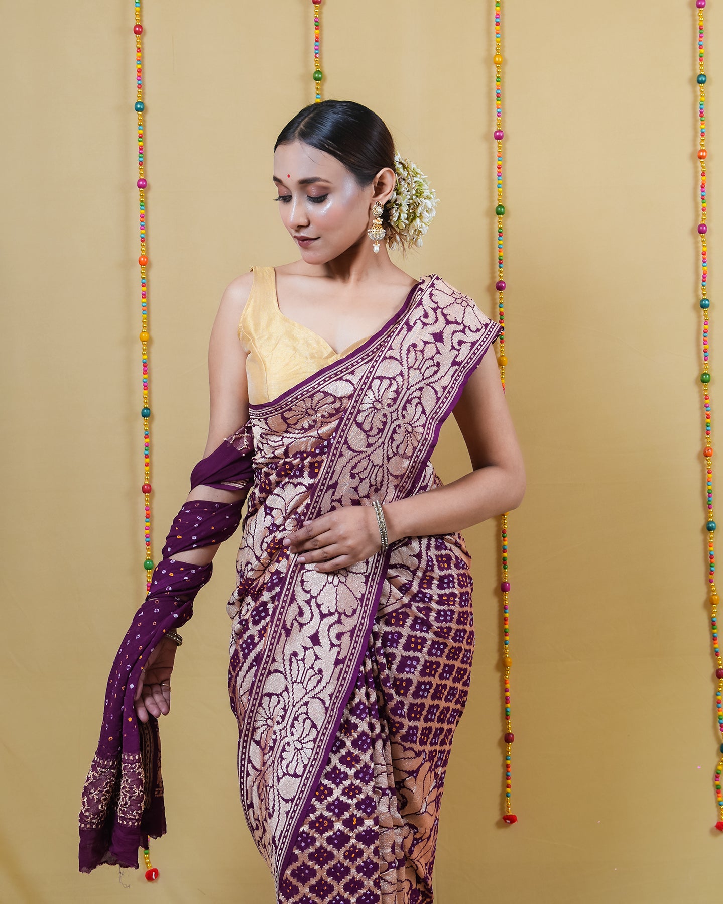 Magenta Zari Woven Georgette Bandhani Silk Saree