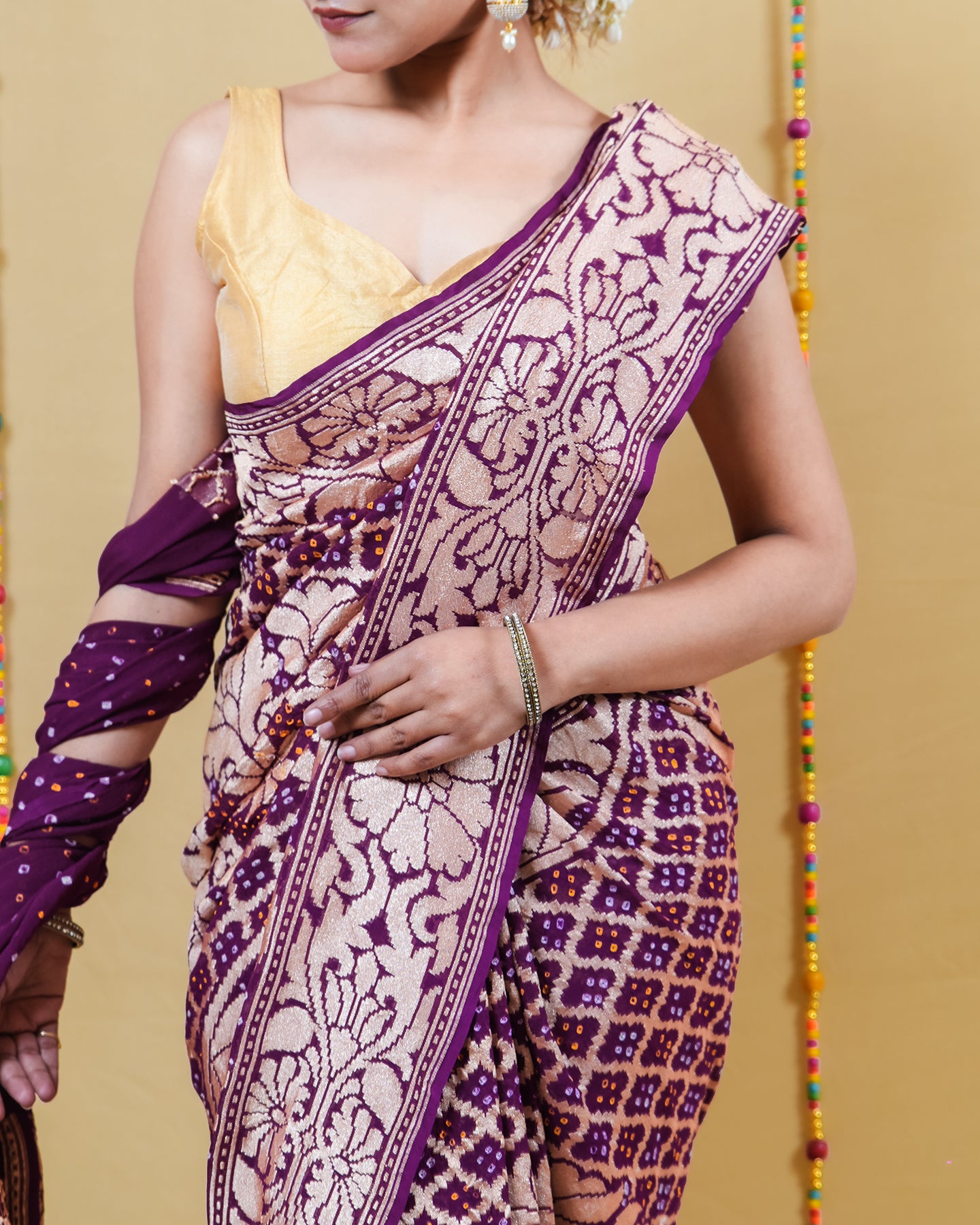 Magenta Zari Woven Georgette Bandhani Silk Saree