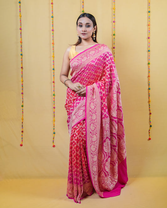 Red Rani Zari Woven Georgette Bandhani Silk Saree