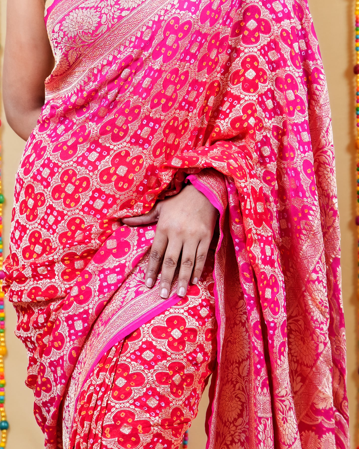 Red Rani Zari Woven Georgette Bandhani Silk Saree