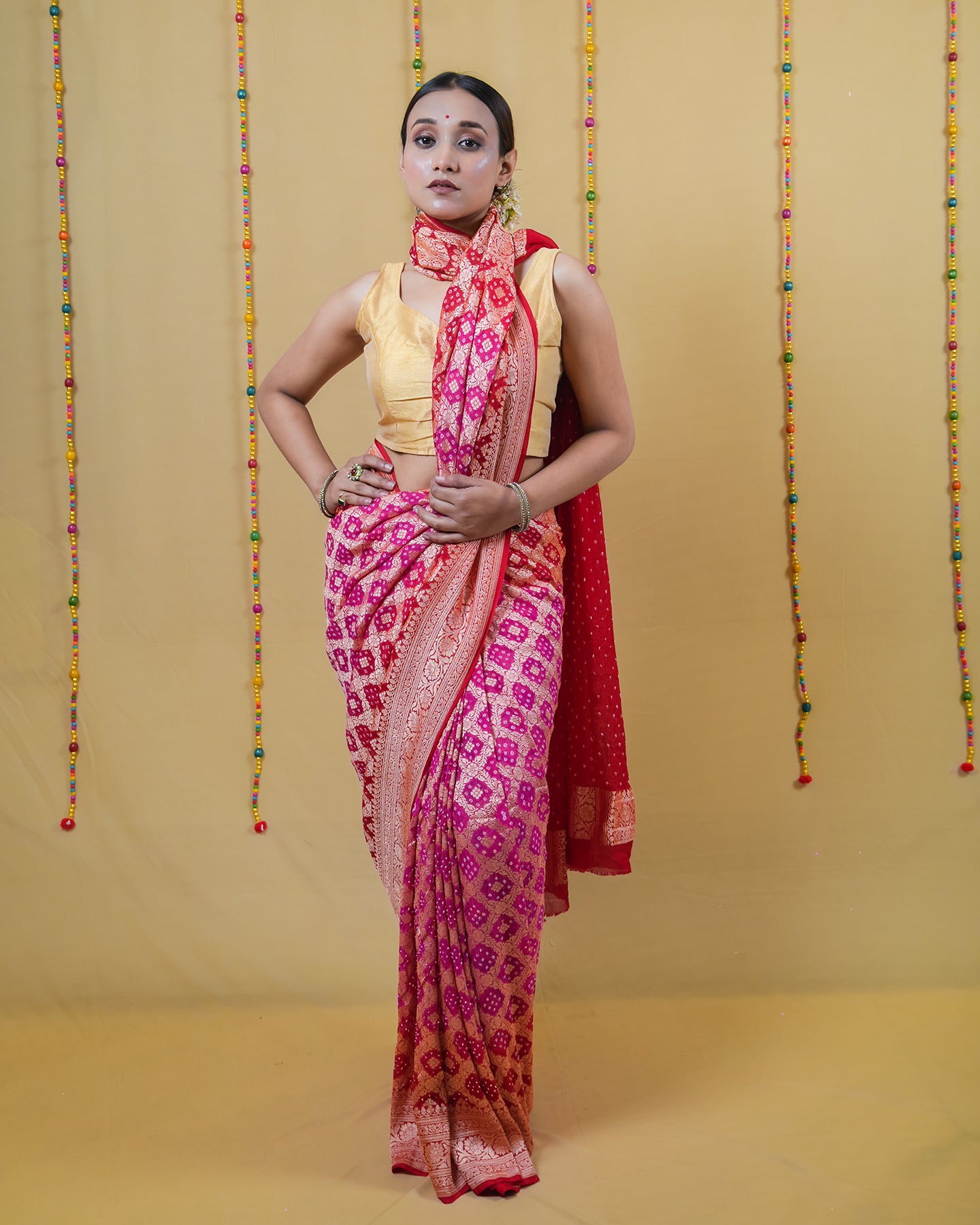 Rani Red Zari Woven Georgette Bandhani Silk Saree
