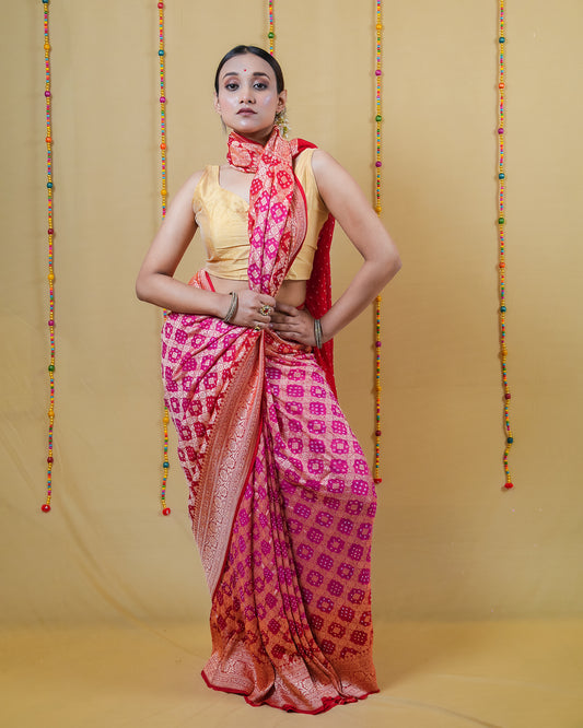 Rani Red Zari Woven Georgette Bandhani Silk Saree
