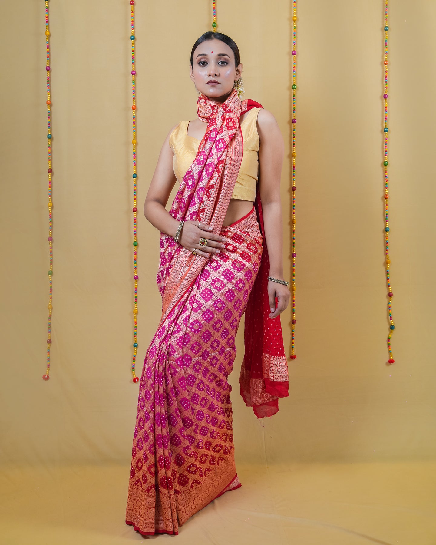 Rani Red Zari Woven Georgette Bandhani Silk Saree