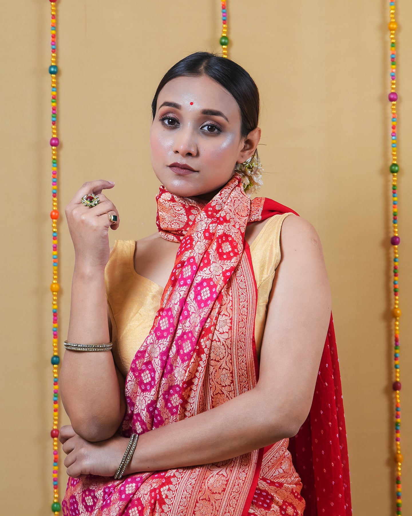 Rani Red Zari Woven Georgette Bandhani Silk Saree