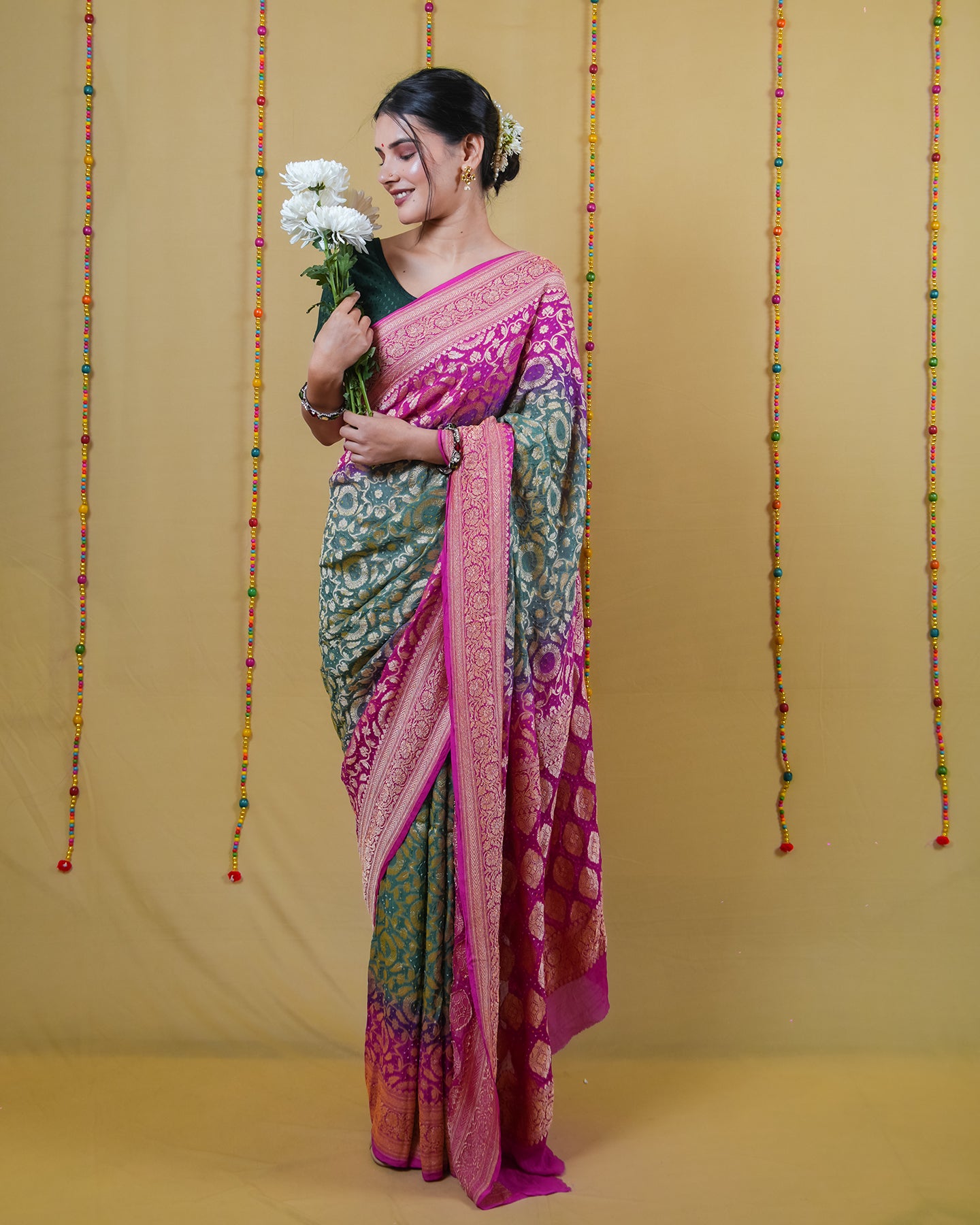 Green Rani Zari Woven Georgette Bandhani Silk Saree