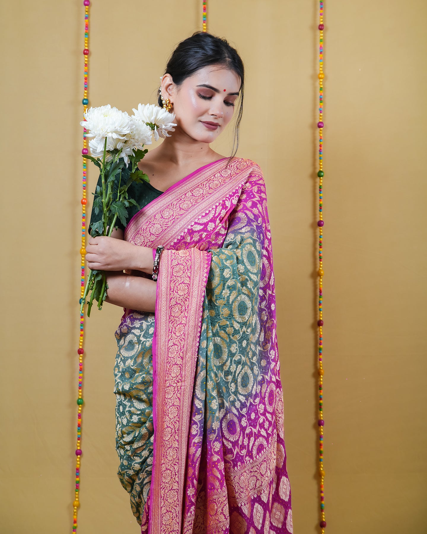 Green Rani Zari Woven Georgette Bandhani Silk Saree