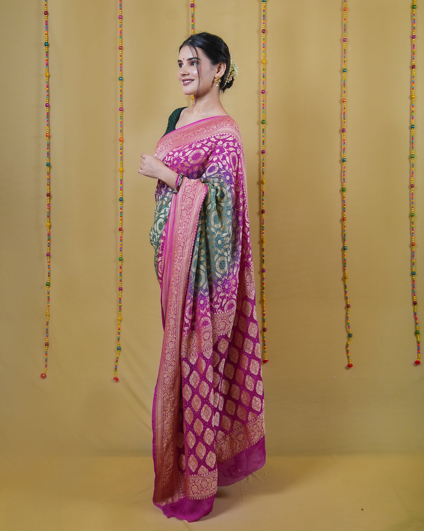 Green Rani Zari Woven Georgette Bandhani Silk Saree