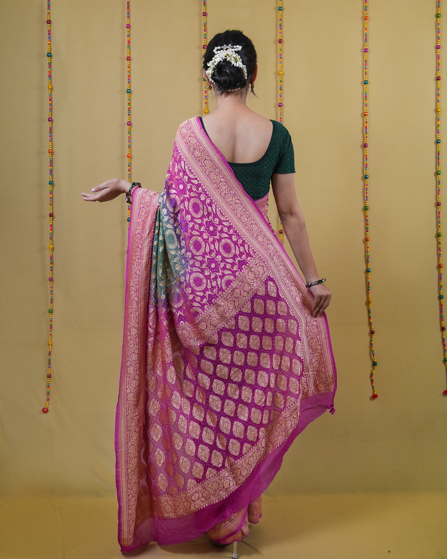Green Rani Zari Woven Georgette Bandhani Silk Saree