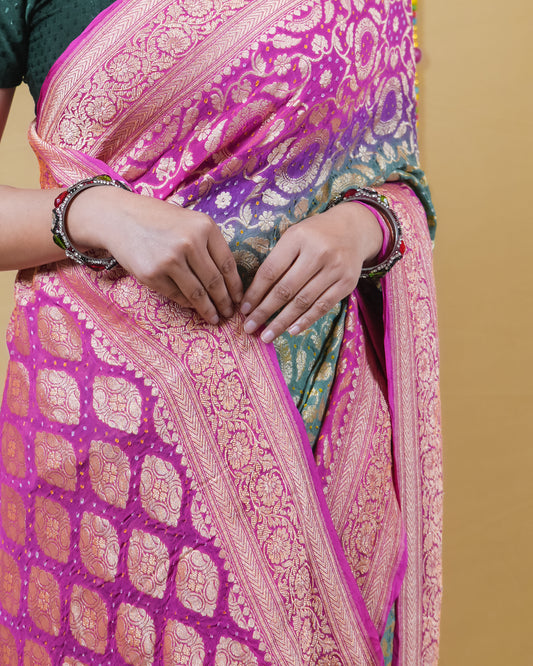 Green Rani Zari Woven Georgette Bandhani Silk Saree