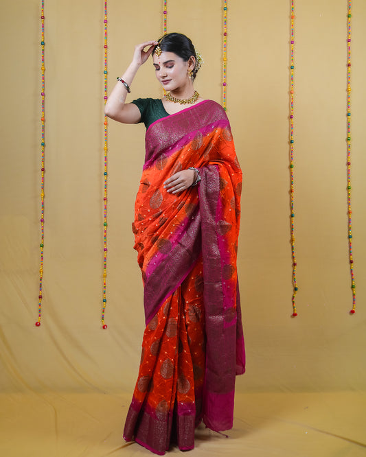 Orange and Rani Chanderi Bandhani Silk Saree