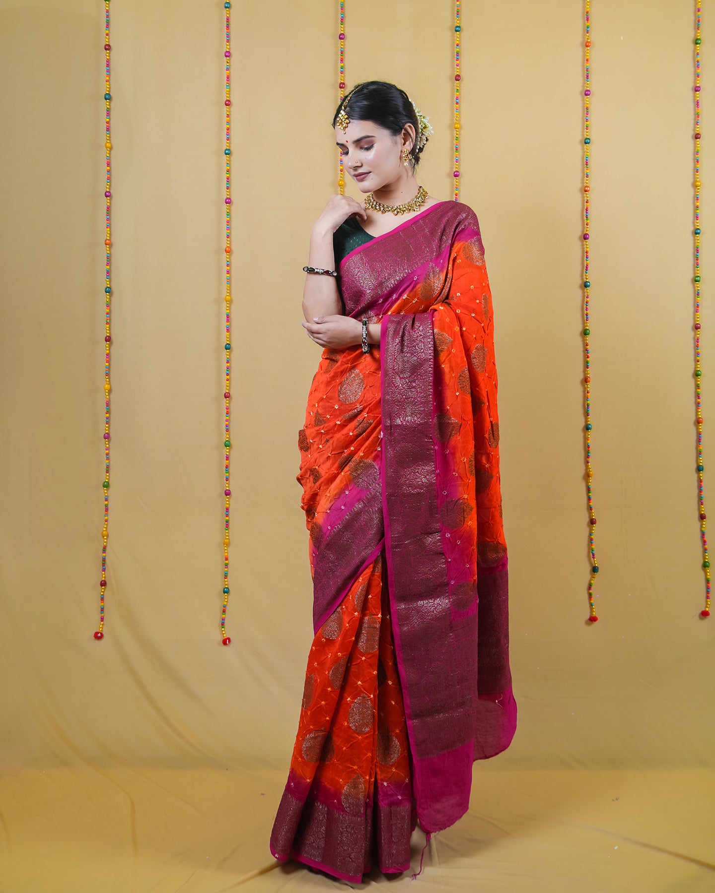 Orange and Rani Chanderi Bandhani Silk Saree
