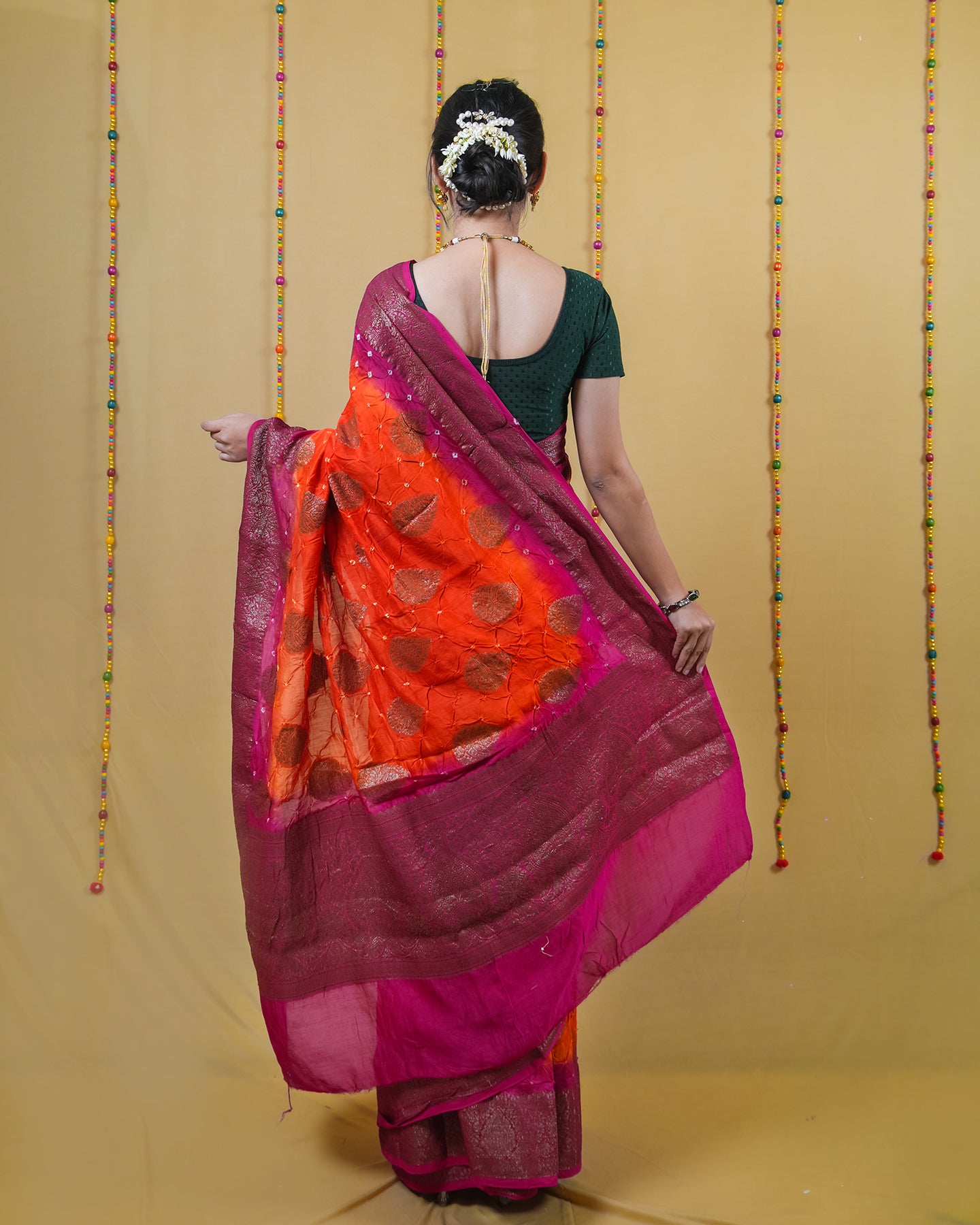Orange and Rani Chanderi Bandhani Silk Saree