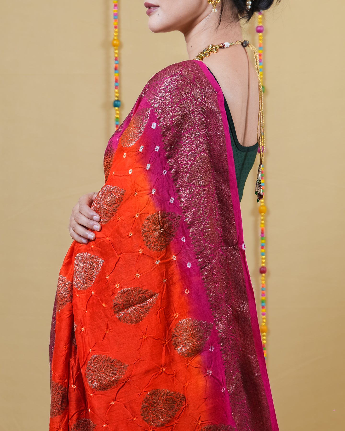 Orange and Rani Chanderi Bandhani Silk Saree