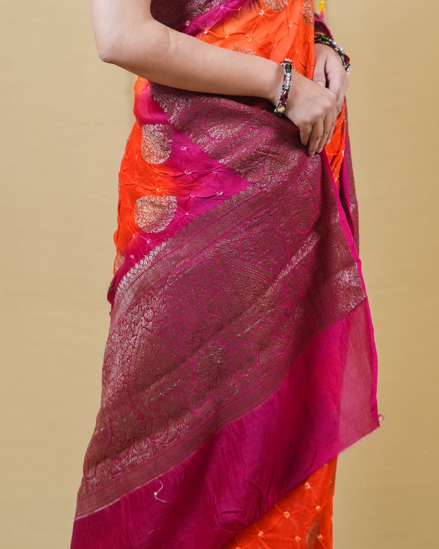 Orange and Rani Chanderi Bandhani Silk Saree