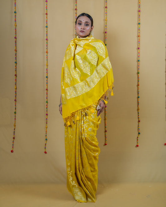 Sunrise Yellow Khaddi Banarasi Georgette Silk Saree