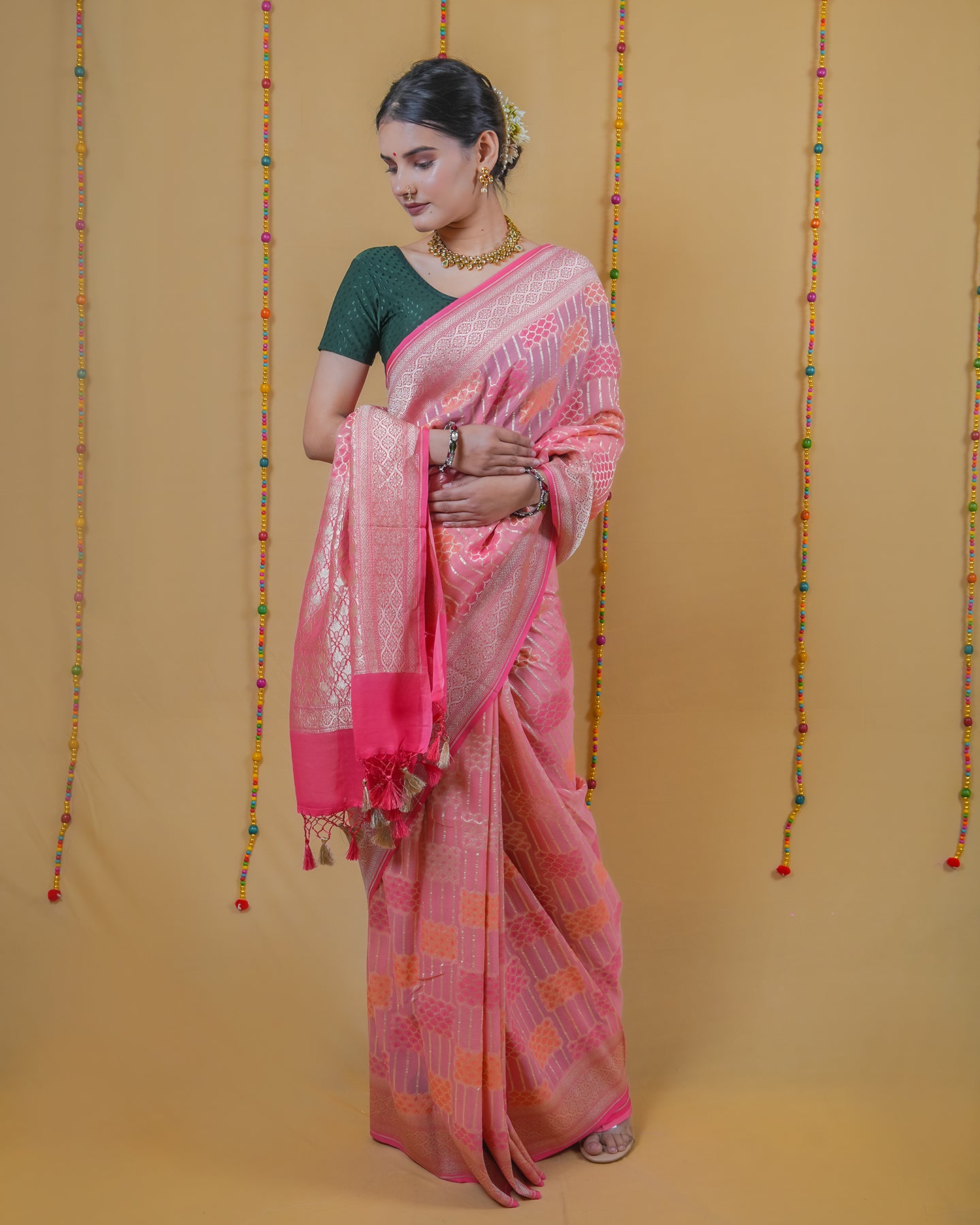 Peach Rangkat Khaddi Banarasi Georgette Silk Saree