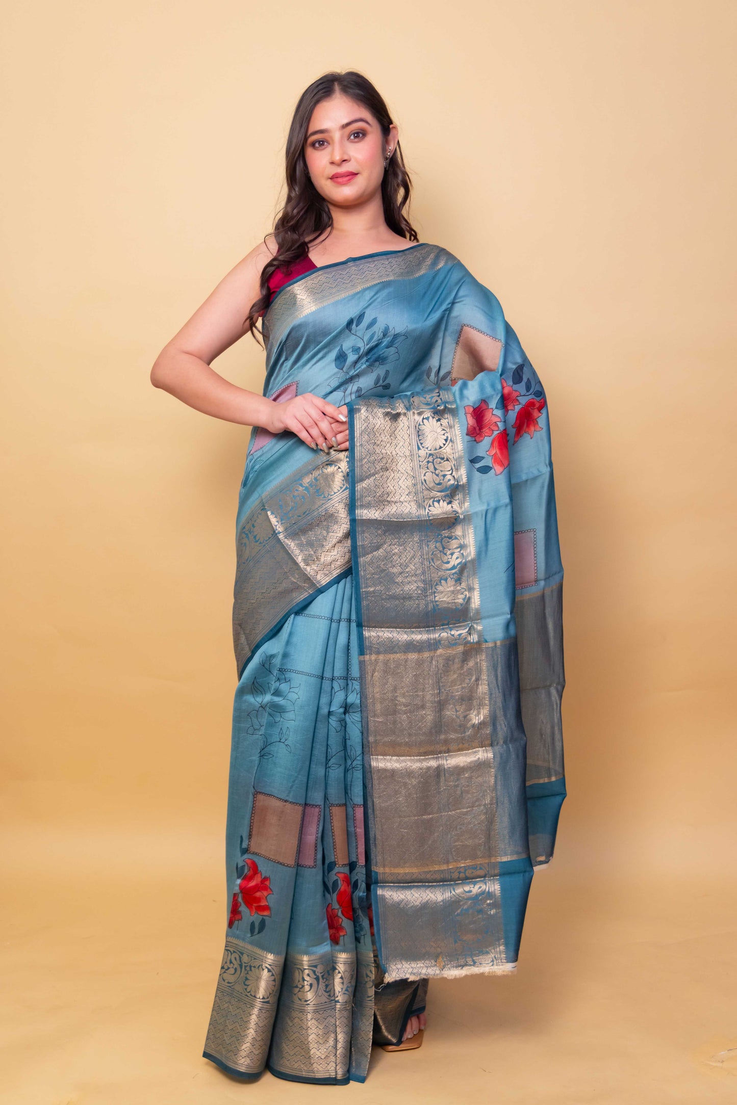 Turquoise Blue Floral Handprint Chiniya Silk Saree