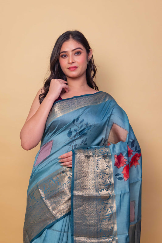 Turquoise Blue Floral Handprint Chiniya Silk Saree