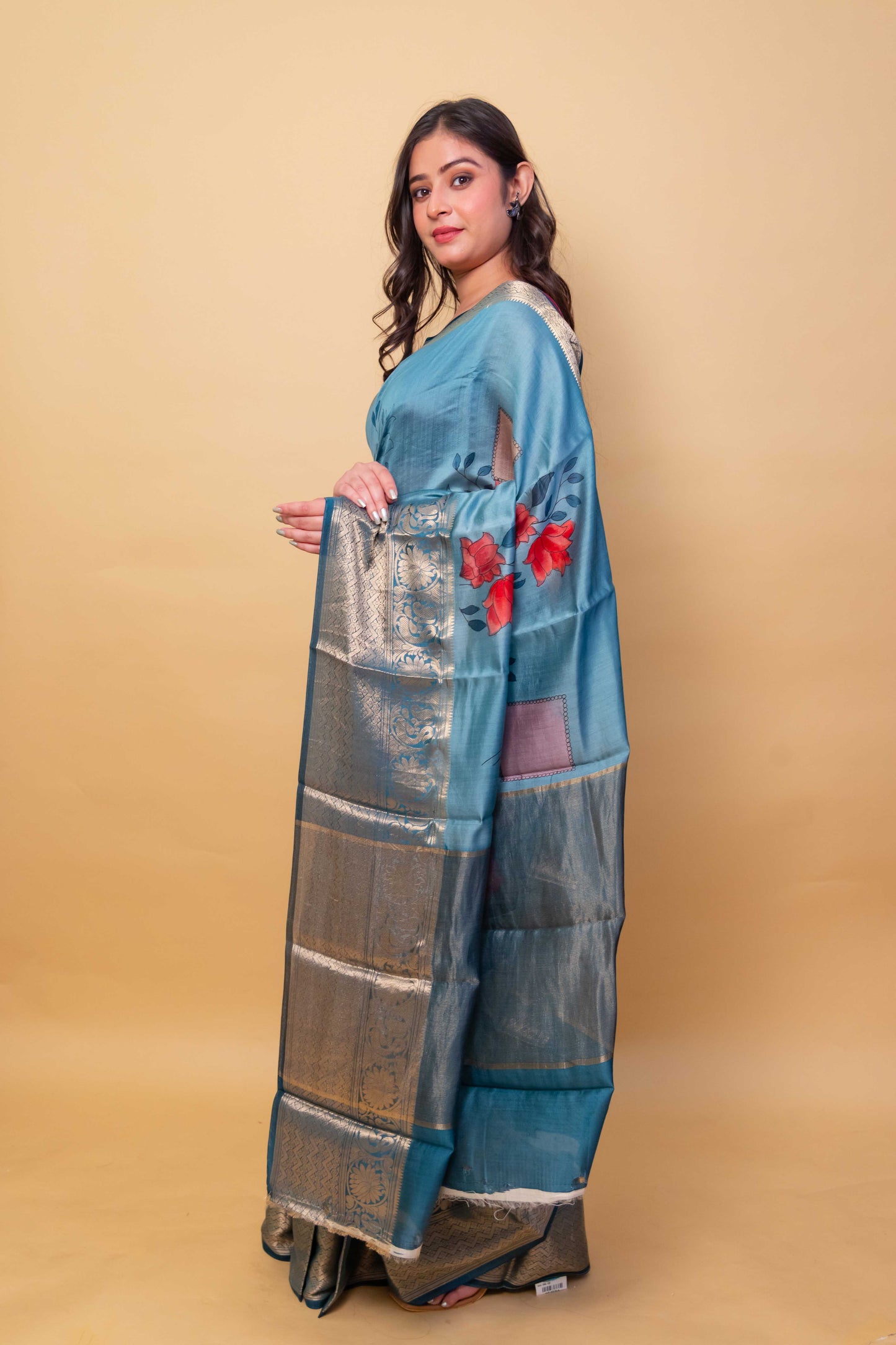 Turquoise Blue Floral Handprint Chiniya Silk Saree